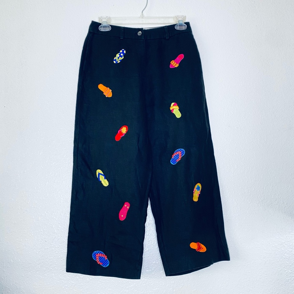 🍓 Rosanna Petite VTG Linen Boho Coastal Embroidered Sandals Capri Ankle Pants 6P